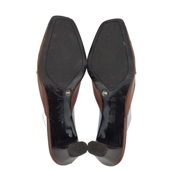 ✅Michelle D Brown Leather 3" Heeled Mules Womens 7.5M Slides D-Ring Strap Accent - Picture 3 of 13